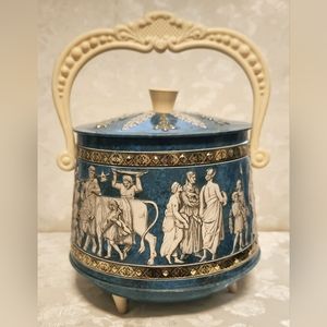 Vintage Footed Biscuit Tin with Lid & Handle Ancient Greece Wedding Celebration